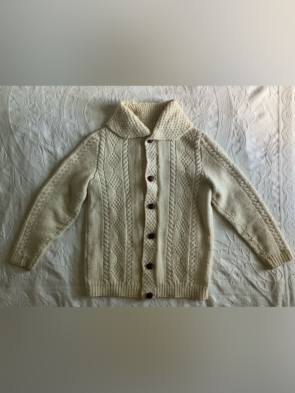Vintage Cable Knit Cardigan Cream Shawl Collar Leather Buttons Cottagecore